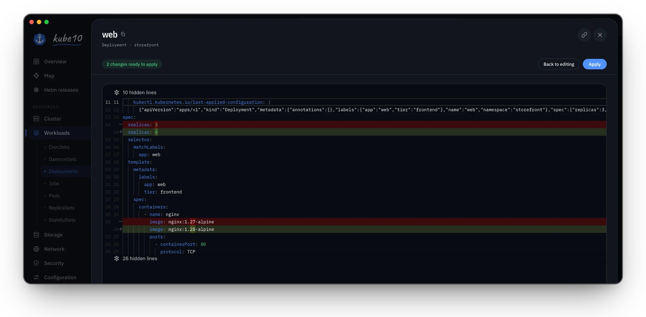 Diff of a YAML edit waiting for approval, with two changed lines