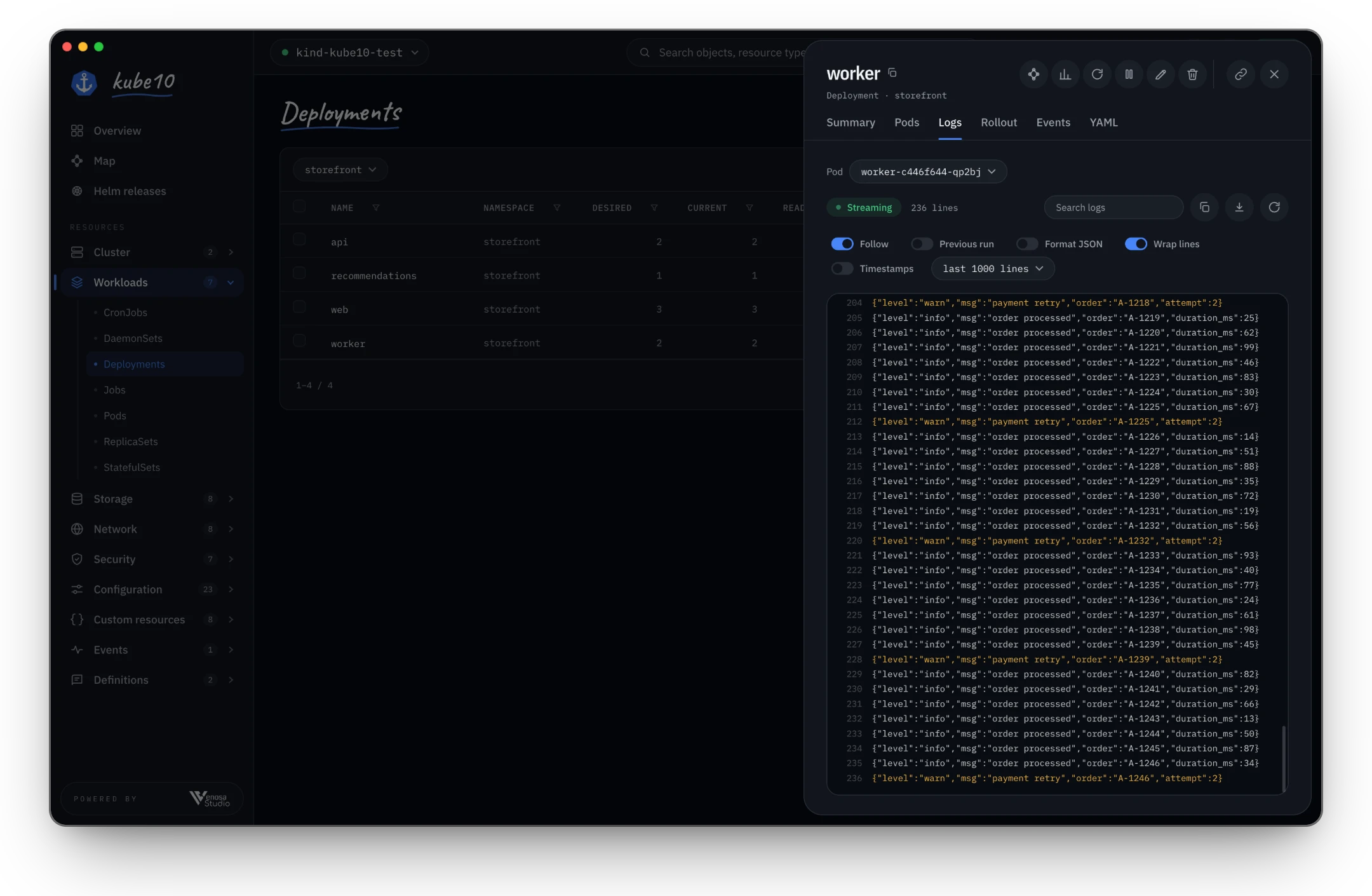Streaming logs for a Deployment with warning lines highlighted