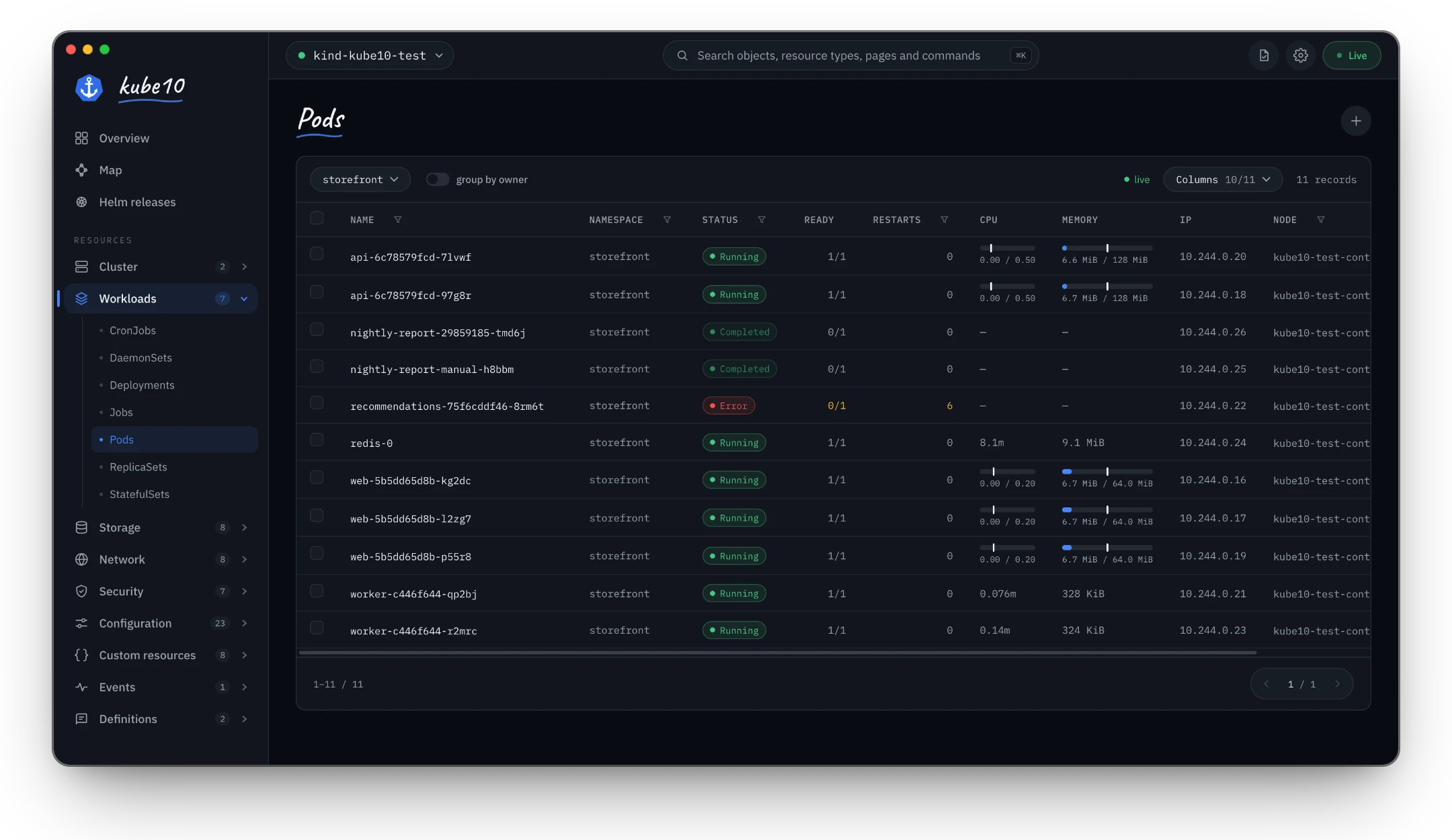 Pods list with live status, readiness, restarts, CPU and memory usage